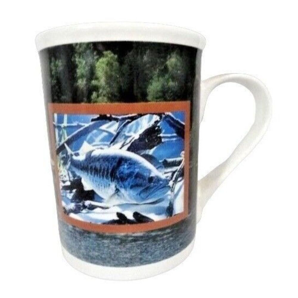 Largemouth Bass Fish Coffee Mug Cup River Scene Green on River Ceramic 4-inch
